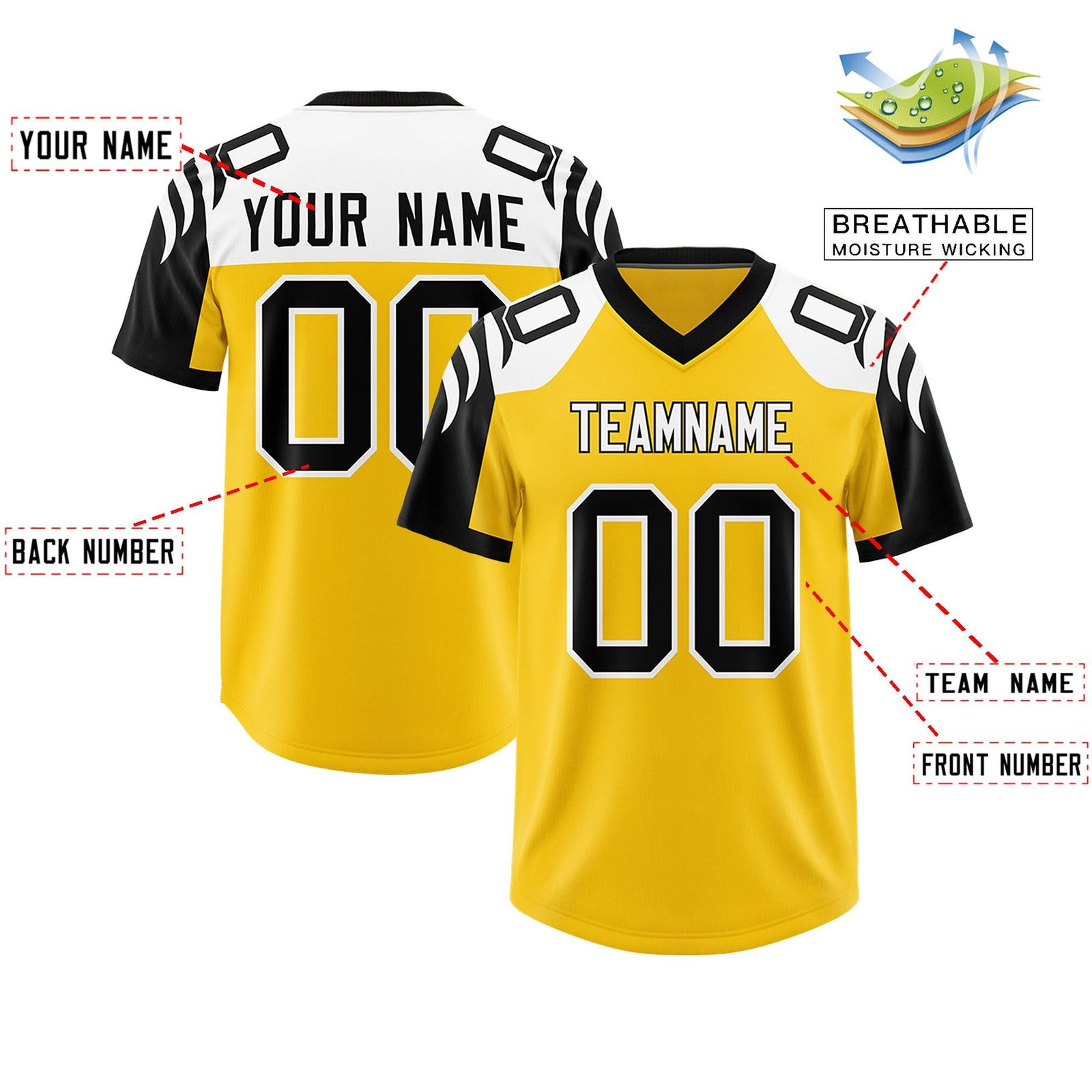 Sublimated Gold Black Raglan Sleeves American Football Fan Jersey - Image 2