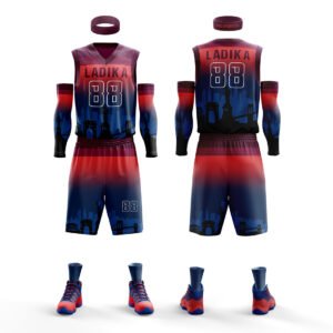 Navy Blue & Red Basketball Uniform Custom Performance Set