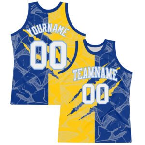 Custom Graffiti Pattern White Royal Yellow-Light Blue Scratch Crew Neck Sublimation Basketball Suit Jersey
