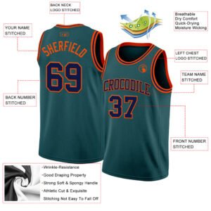 Custom Midnight Green Navy-Orange Authentic Basketball Crew Neck Jersey