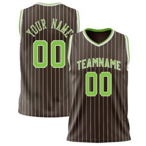 Brown Neon Green Pinstripe Basketball V-Neck Jersey