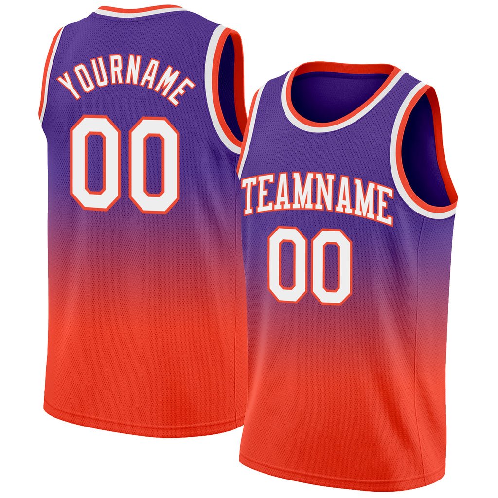 Custom Purple White-Orange Authentic Fade Fashion Basketball Crewneck Jersey
